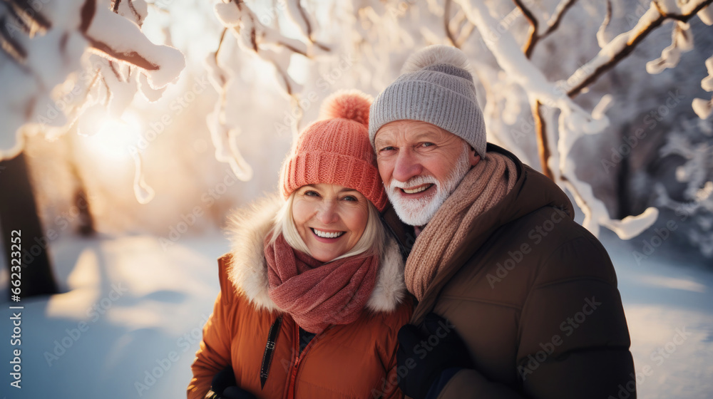 active and happy senior couple in a snow landscape in winter clothes active and happy senior couple in a snow landscape in winter clothes
