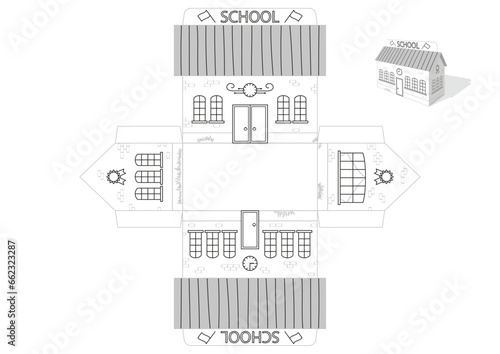 Toy School house printable die cut template. Simple, fast, easy to fold. Isolated monochrome object. Vector eps10 © Albina