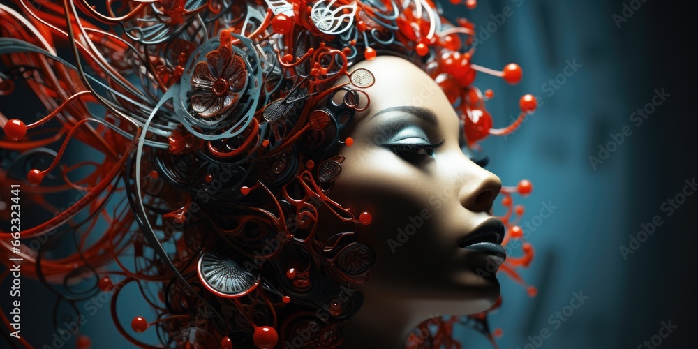 A mannequin head with red and black hair. AI image.