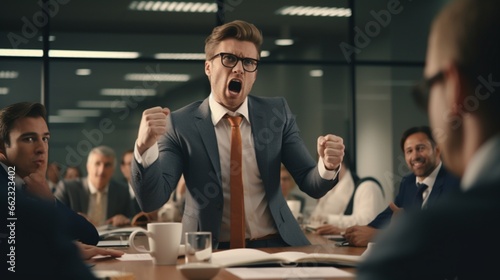 A well-dressed corporate figure fervently shouting in a boardroom