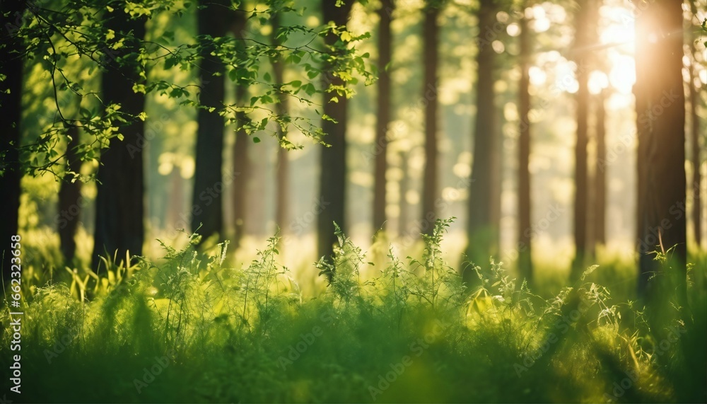 Perfect natural landscape background with defocused green trees, wild grass, and sun beams in summer beautiful spring fores Perfect natural landscape background with defocused green trees, wild grass, and sun beams in summer beautiful spring fores