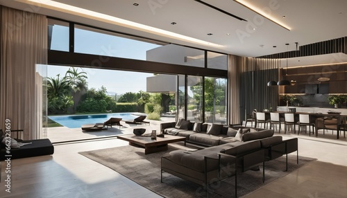 Open plan living in dark modern villa with private chair wing and small terrace for relaxation