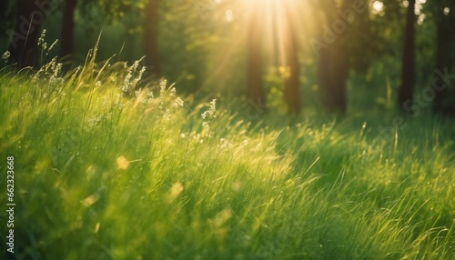 Perfect natural landscape background with defocused green trees, wild grass, and sun beams in summer beautiful spring fores