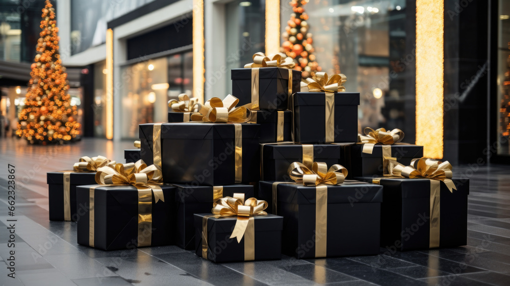 Obraz premium Black Friday A mall filled with gift boxes, a shopping paradise for deal seekers and gift hunters.