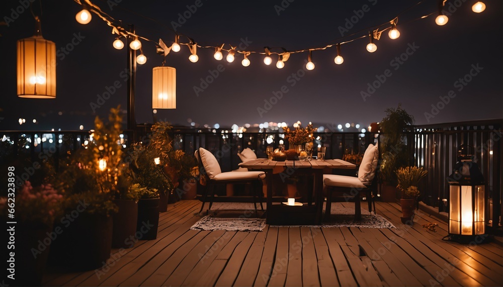 Cozy outdoor terrace view with string lights and lanterns on beautiful house roof in autumn evening
