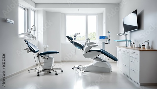 White interior of dentist office equipped with medical equipment