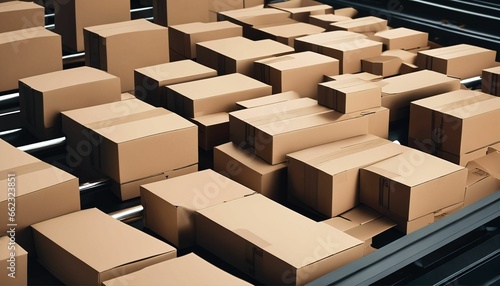 Close-up view of multiple cardboard box packages on conveyor belt