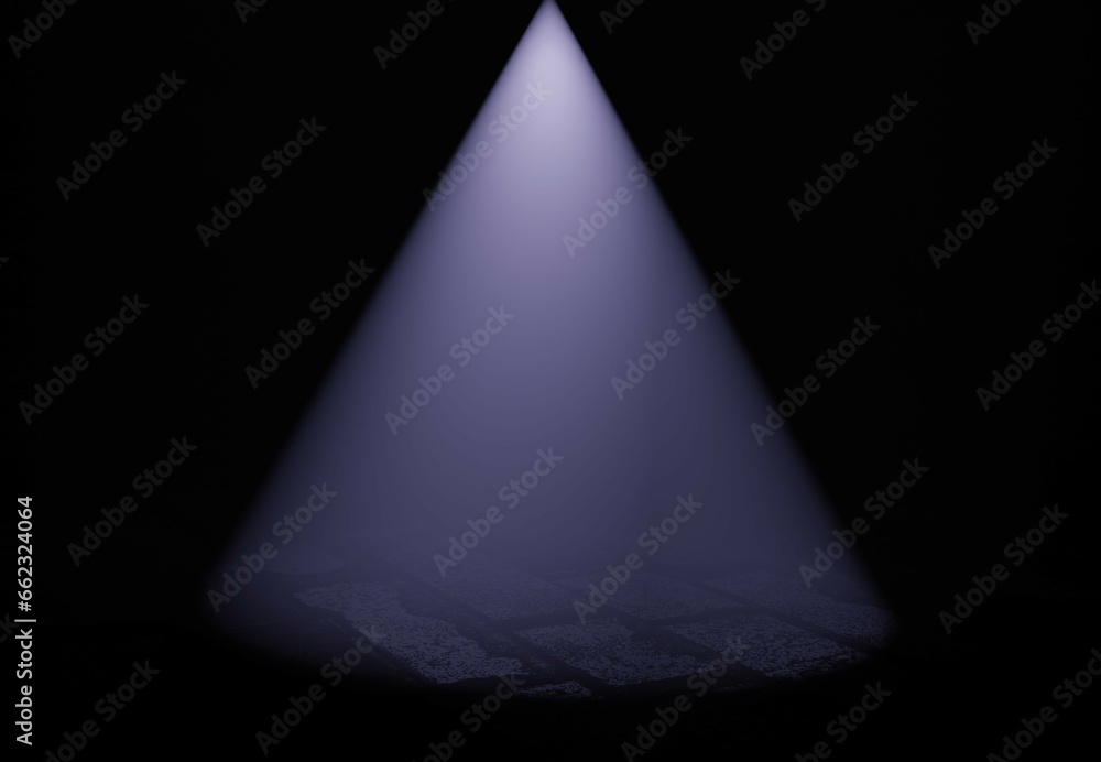Mystical blue cone of light illuminates brick pavement background. Street lighting light 3d render glowing round empty area. Decoration of solemn interior and presentation Mystical blue cone of light illuminates brick pavement background. Street lighting light 3d render glowing round empty area. Decoration of solemn interior and presentation
