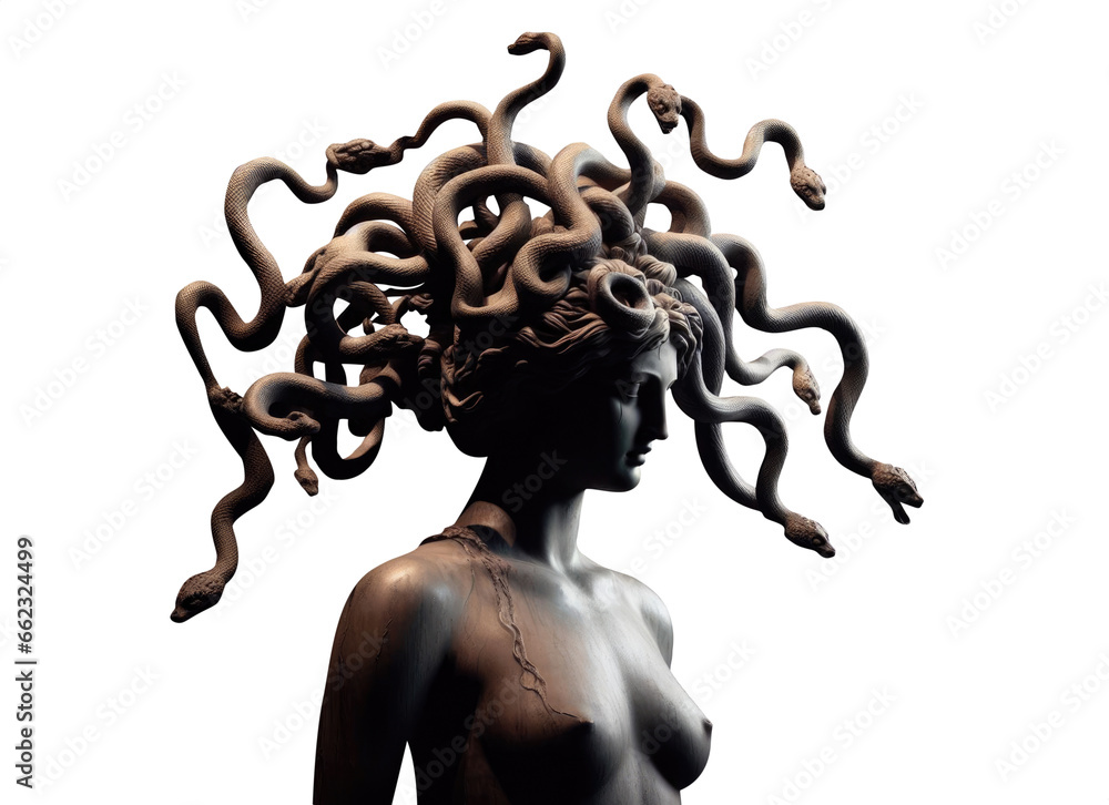 Statue of Greek fantasy mythology medusa. Snakes, serpents. Transformation into a stone statue