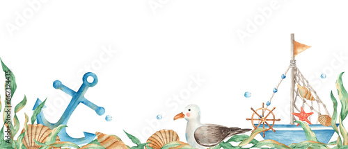 Horizontal watercolor sea, marine seamless border pattern. Ship, boat, seagull, seaweeds, seashells, nautical anchor and water bubbles. Hand drawn illustration. Can be used for fabric, packaging