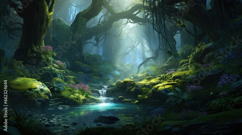 Describe the process of creating an amazing landscape in a fantasy game  featuring magical realms  enchanted forests
