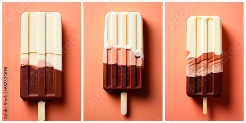 Three pictures collage: minimal simple chocolate ice cream, popsicle in beige background. 