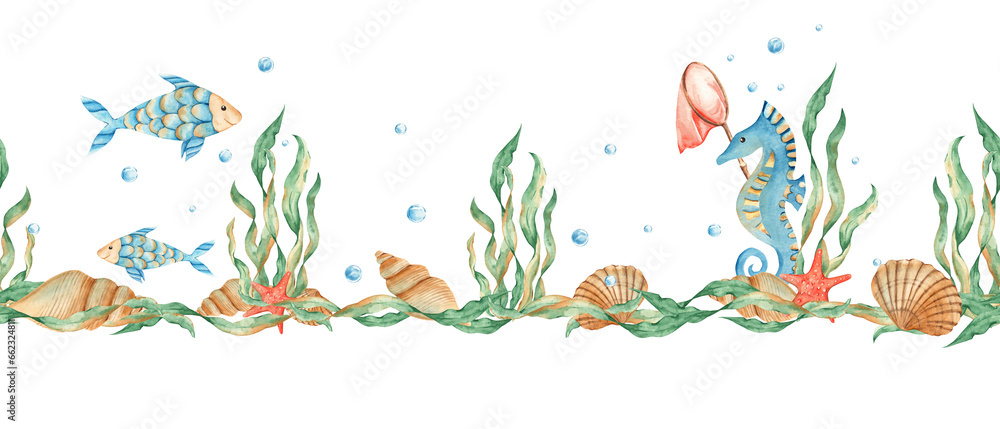 Horizontal watercolor sea, marine seamless border pattern. Cute fishes, seahorse, red starfish, orange net, seaweeds, seashells and water bubbles. Hand drawn illustration. Can be used for fabric