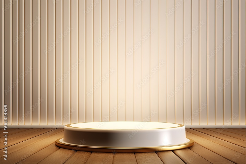 Simple podium showcase scene with gold striped wall decoration. Simple luxury showcase scene with empty podium for product presentation. Simple podium showcase scene with gold striped wall decoration. Simple luxury showcase scene with empty podium for product presentation.