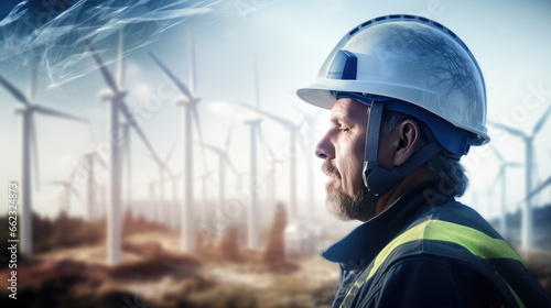 Double exposure of an engineer wearing a protective helmet against a backdrop of turbines. Environmental concept.