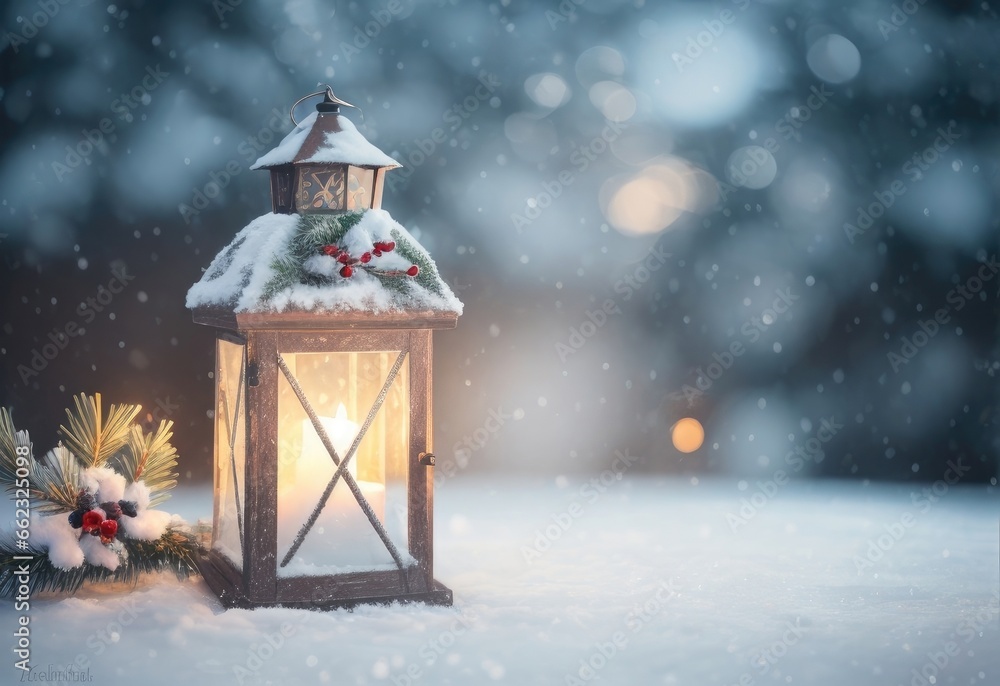 A scene with a Christmas lantern on snow and a fir branch. Copy space for text ,advertising, message, logo A scene with a Christmas lantern on snow and a fir branch. Copy space for text ,advertising, message, logo