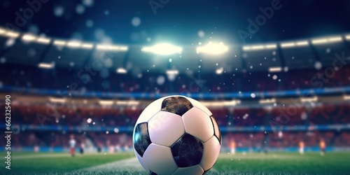 The ball was photographed in the middle of a football stadium with twinkling lights behind it. generative AI © Nanda