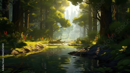 Depict a game art scene of a secluded forest, with serene lakes, and dappled sunlight © Damian Sobczyk