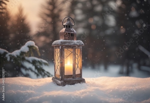 A scene with a Christmas, Xmas lantern on snow and a fir branch. Copy space for text ,advertising, message, logo © CFK