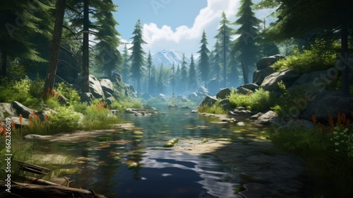Depict a game art scene of a secluded forest  with serene lakes  and dappled sunlight