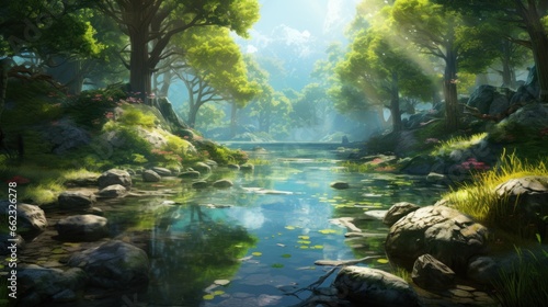 Depict a game art scene of a secluded forest  with serene lakes  and dappled sunlight