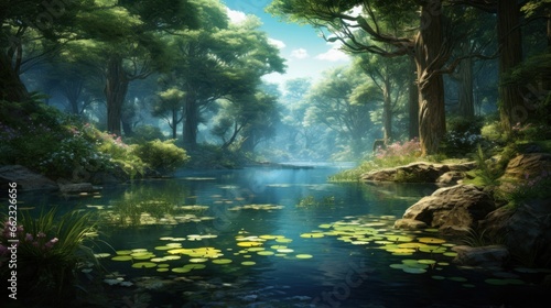 Depict a game art scene of a secluded forest, with serene lakes, and dappled sunlight
