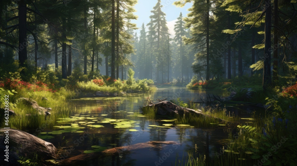 Depict a game art scene of a secluded forest, with serene lakes, and dappled sunlight Depict a game art scene of a secluded forest, with serene lakes, and dappled sunlight