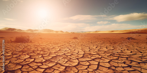 dry soil in the desert, Cracked and dried soil texture, Drought land with sun light, GENERATIVE AI 