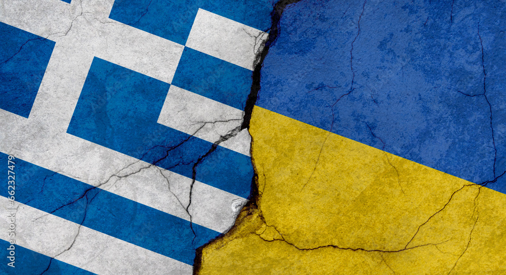 Greece and Ukraine flags, concrete wall texture with cracks, grunge background, military conflict concept
