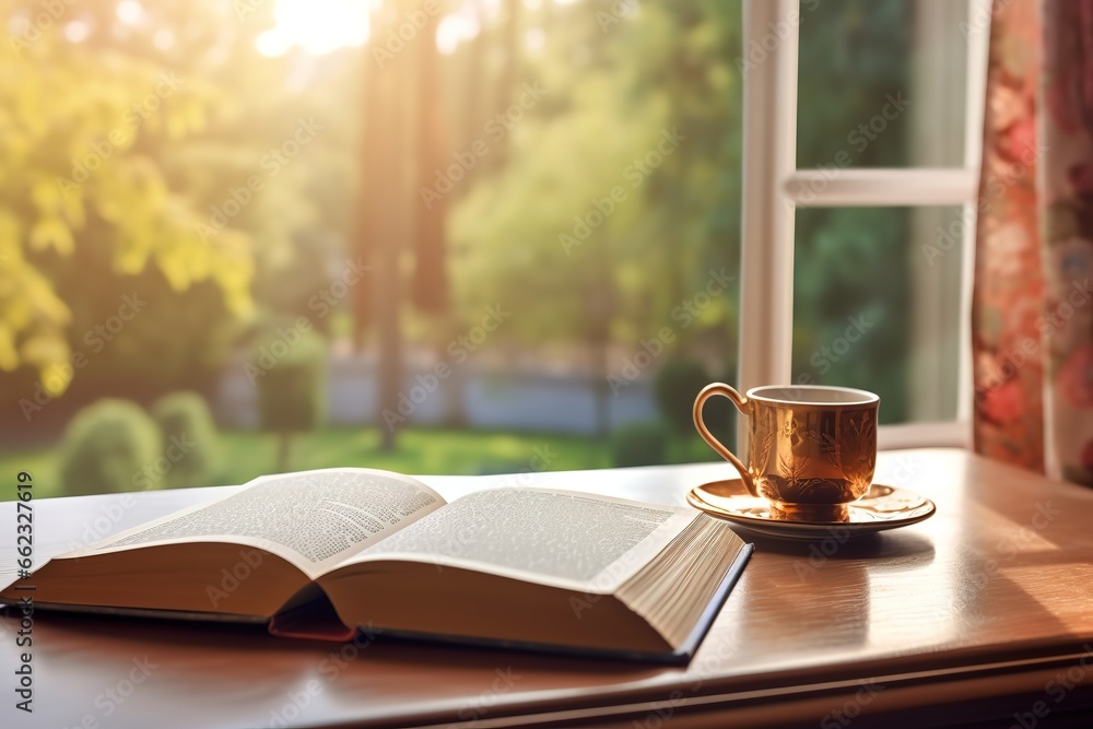 photo of a book near the window accompanied by a cup of warm drink. generative AI photo of a book near the window accompanied by a cup of warm drink. generative AI