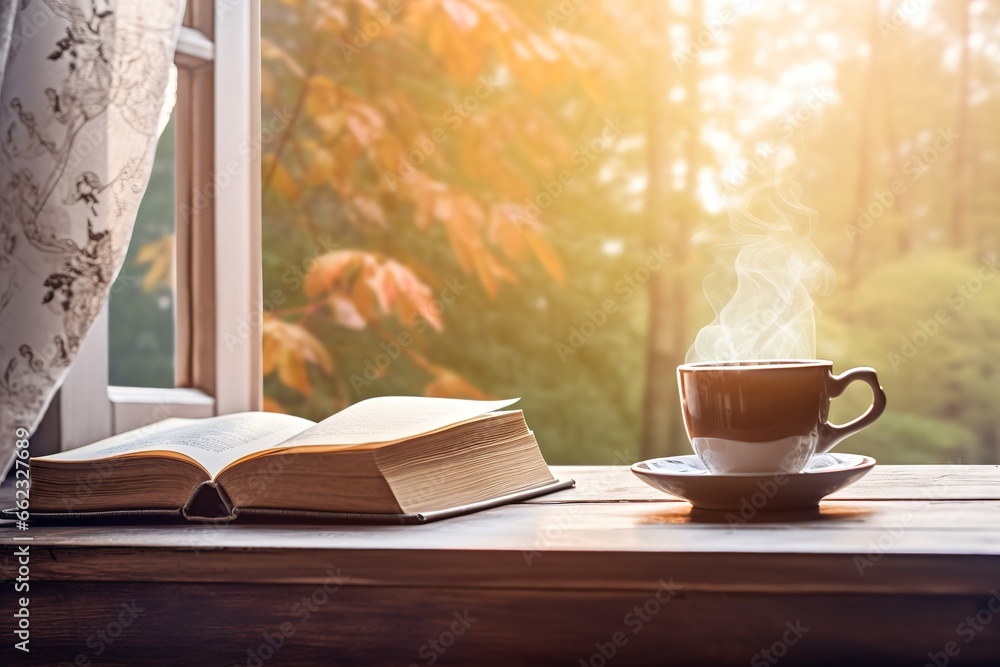 photo of a book near the window accompanied by a cup of warm drink. generative AI photo of a book near the window accompanied by a cup of warm drink. generative AI
