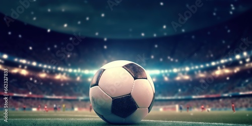 photo of the ball in a football stadium under the spotlight. Generative AI © Nanda