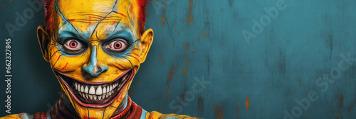 Halloween Banner in Farbe, Close up, Gesicht eines gruseligen Clowns mit gelbem Make-up, roten Augen und Haaren sowie riesigen und schaurigen Zähnen vor blauem Hintergrund, mit Platz für Text
