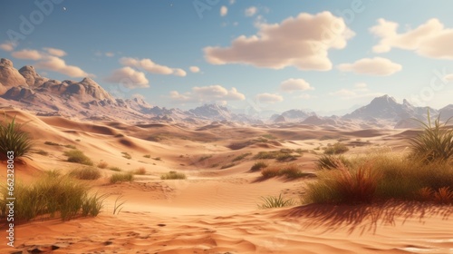 Open world landscape art in a desert landscape, with shifting dunes, desert flora, and the allure of an arid expanse