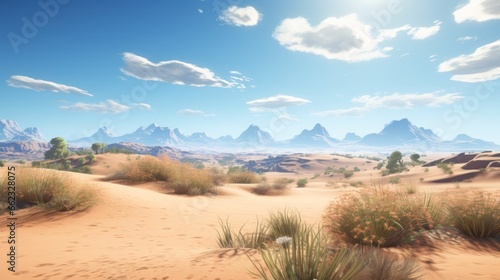 Open world landscape art in a desert landscape, with shifting dunes, desert flora, and the allure of an arid expanse