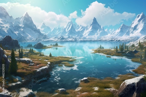 A large lake surrounded by snowy mountains, with a small patch of water in the middle. Generative AI