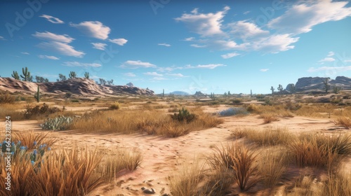 Open world landscape art in a desert landscape  with shifting dunes  desert flora  and the allure of an arid expanse