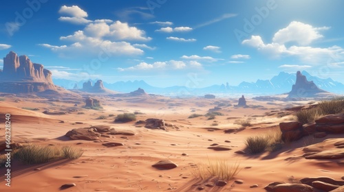 Open world landscape art in a desert landscape, with shifting dunes, desert flora, and the allure of an arid expanse