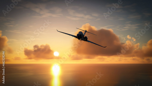 Luxury private jet flying and ascending at sunset