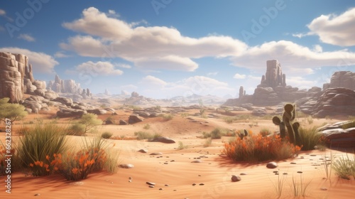 Open world landscape art in a desert landscape  with shifting dunes  desert flora  and the allure of an arid expanse