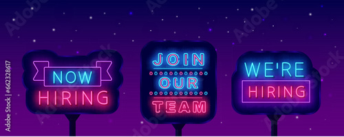Recruitment street billboards set. Glowing outdoor advertising. Now hiring. Free vacancy neon signs. Vector illustration