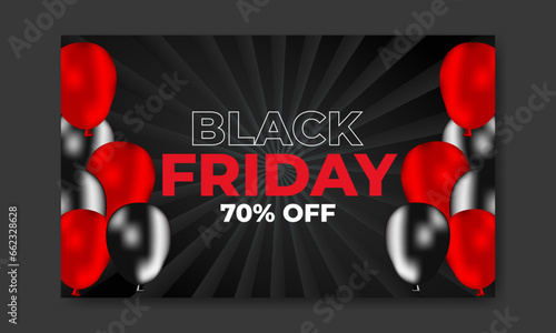 Black Friday Sale Poster with Shiny Balloons on Black Background with Square Frame. Shopping, sale banner, black friday Vector illustration.