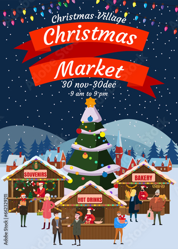 Christmas market poster. Xmas fair card with decorated Christmas tree