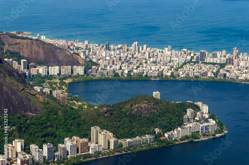 Detail of Roi de Janeiro city landscape seen from the Corcovado mountain. Leblon and Ipanema districts and the Lagoa rodrigo de Freitas photo