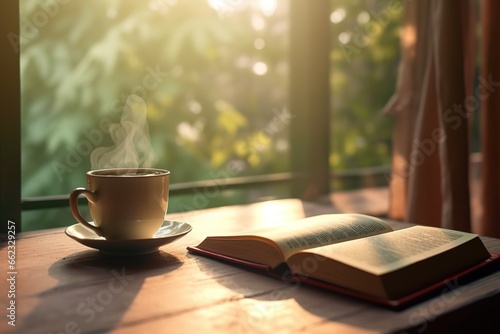 the concept of reading a book by the window accompanied by a cup of warm drink. generative AI