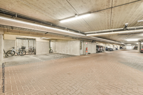 Valokuvatapetti an underground parking area with bikes parked in the garages on either side of e