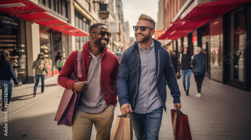 Two friends is walking down the street with bags while shopping