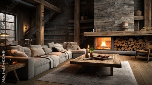 A rustic living area with wooden accents and warm tones