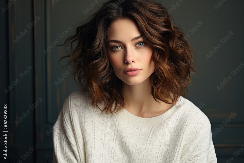 A woman with a white sweater posing for a picture. A woman with a white sweater posing for a picture.