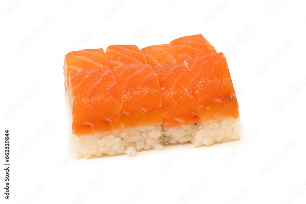 Sushi roll with salmon isolated on a white background.